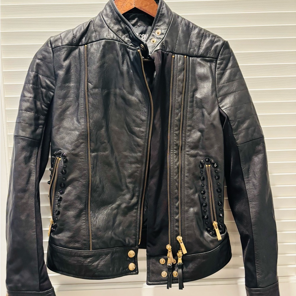 Just Cavalli Black Leather Jacket with Gold Details